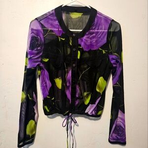 Sheer Black Long-Sleeved Cropped Jacket With Purple Roses (Women's US Small/Med)